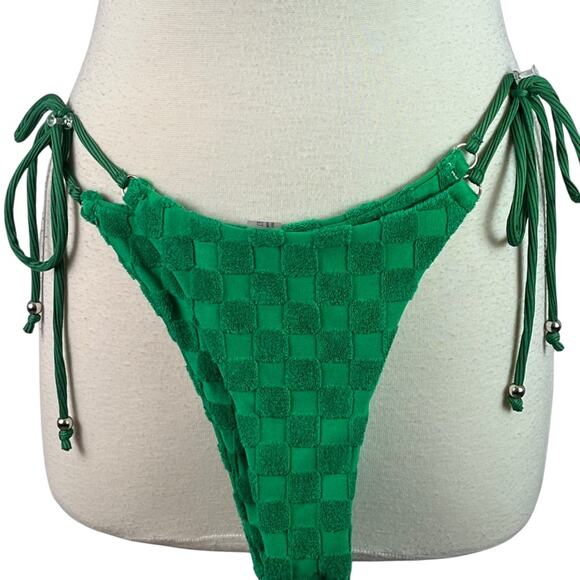 Green Terry Cloth String Bikini Women Medium Checkerboard Textured Cheeky Spring - Picture 4 of 7